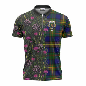 Muir Family Crest Tartan Zipper Polo Shirt Scottish Thistle Flower Pattern Half Style