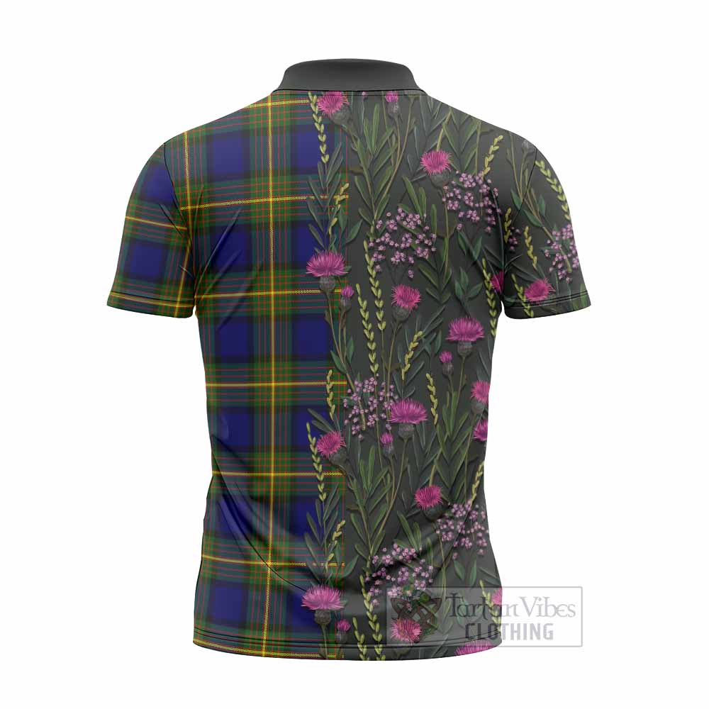 Muir Family Crest Tartan Zipper Polo Shirt Scottish Thistle Flower Pattern Half Style - Tartan Vibes Clothing
