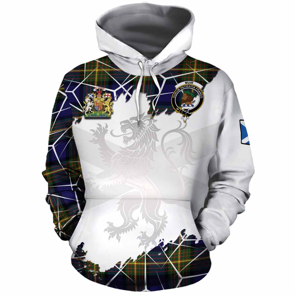 Muir Tartan Cotton Hoodie with Family Crest and Lion Rampant Grunge Style