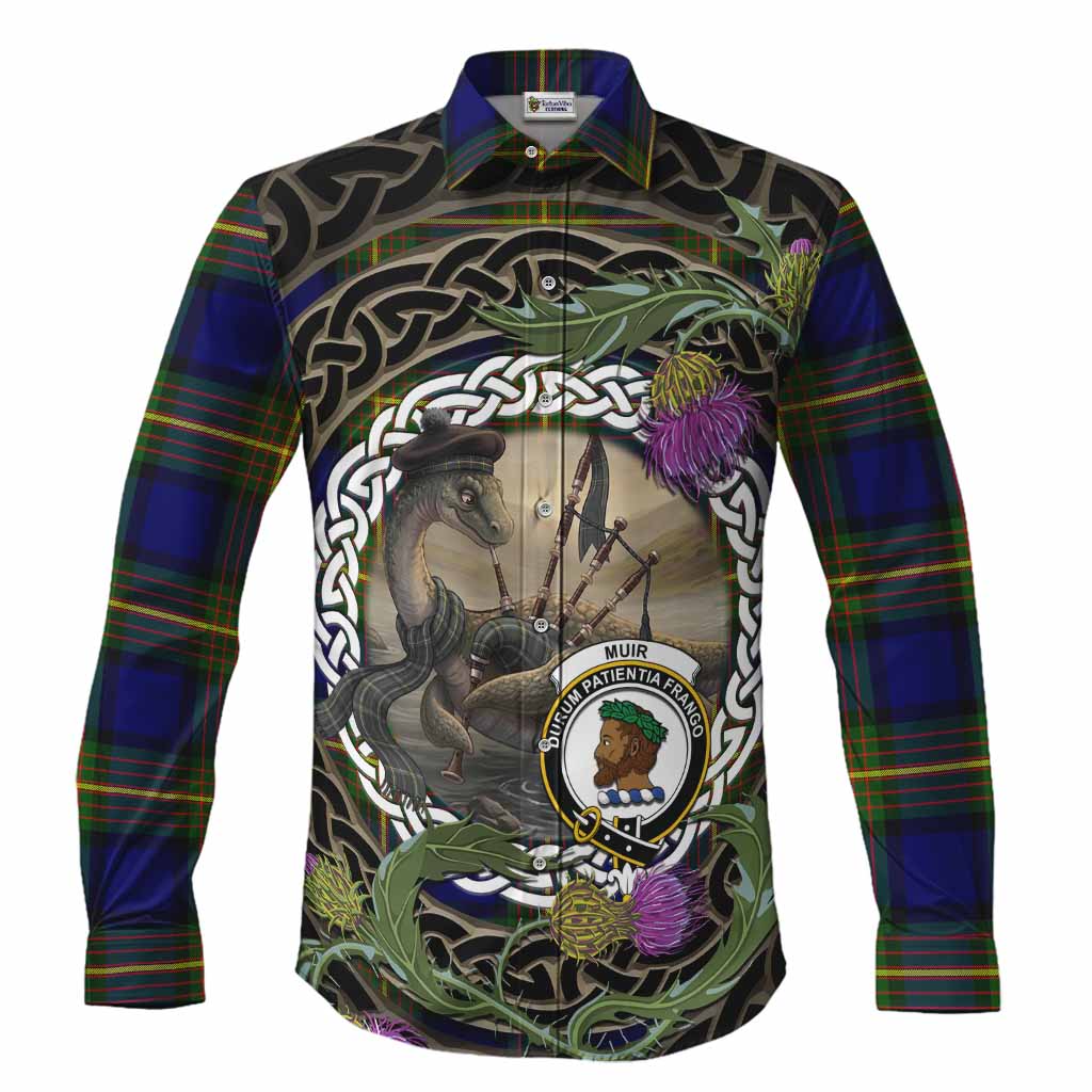 Muir Tartan Crest Bagpipe Nessie Long Sleeve Button Shirts Scottish Loch Ness Monster Celtic Thistle