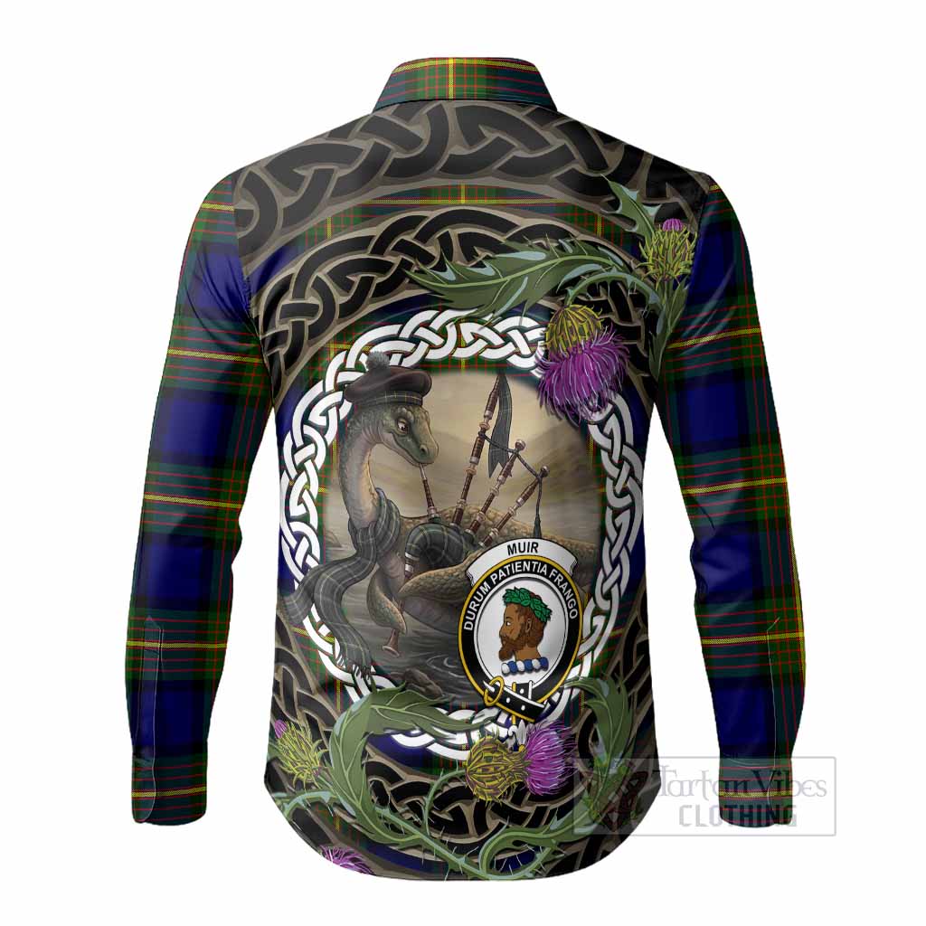 Muir Tartan Crest Bagpipe Nessie Long Sleeve Button Shirts Scottish Loch Ness Monster Celtic Thistle