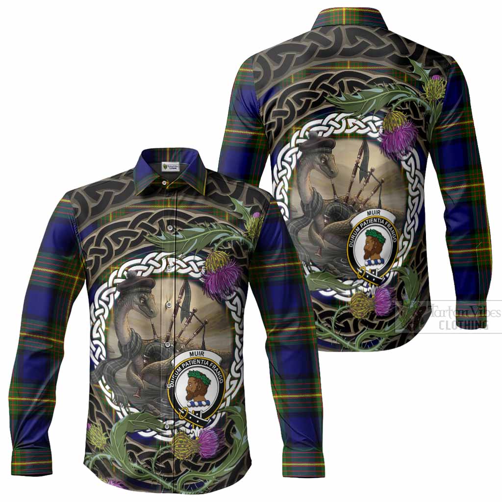 Muir Tartan Crest Bagpipe Nessie Long Sleeve Button Shirts Scottish Loch Ness Monster Celtic Thistle