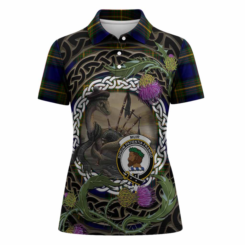 Muir Tartan Crest Bagpipe Nessie Women Polo Shirt Scottish Loch Ness Monster Celtic Thistle
