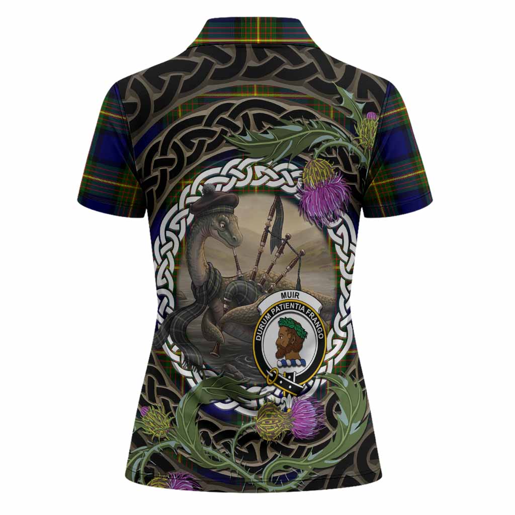Muir Tartan Crest Bagpipe Nessie Women Polo Shirt Scottish Loch Ness Monster Celtic Thistle