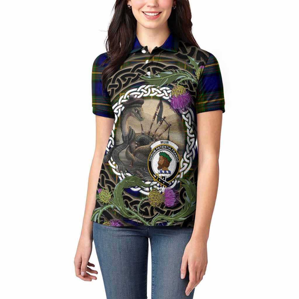 Muir Tartan Crest Bagpipe Nessie Women Polo Shirt Scottish Loch Ness Monster Celtic Thistle