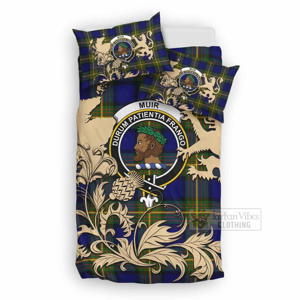 Muir Tartan Crest Bedding Set with Scottish Iconic Symbols 