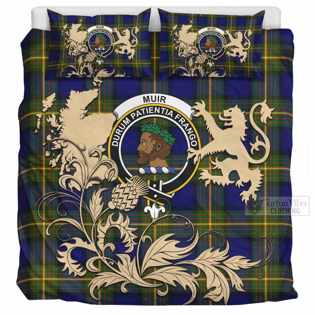 Muir Tartan Crest Bedding Set with Scottish Iconic Symbols 