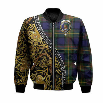 Muir Tartan Crest Bomber Jacket Celtic Knot and Triple Trickle Spiral Symbols