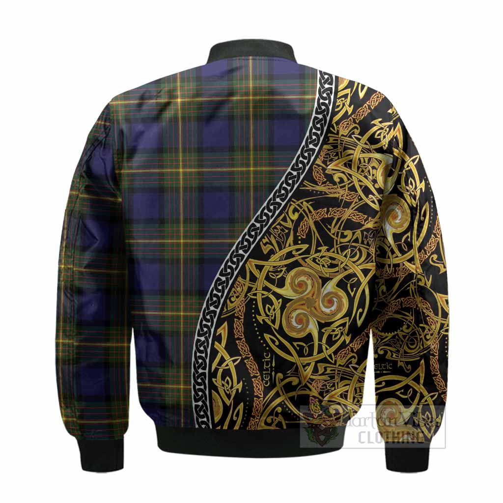 Muir Tartan Crest Bomber Jacket Celtic Knot and Triple Trickle Spiral Symbols