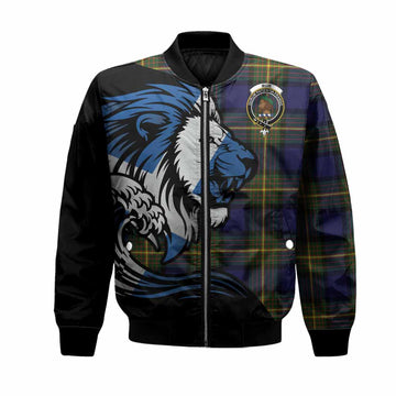 Muir Tartan Crest Bomber Jacket Scottish Golden Lions Wave Flow