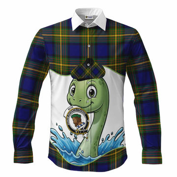 Muir Tartan Crest Cute Nessie Long Sleeve Button Shirts Scottish Loch Ness Monster