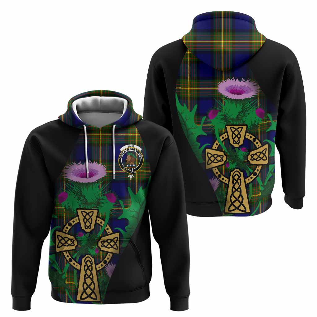 Muir Tartan Crest Hoodie Celtic Cross Thistle Flowers