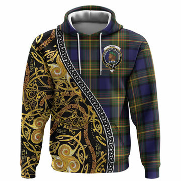 Muir Tartan Crest Hoodie Celtic Knot and Triple Trickle Spiral Symbols