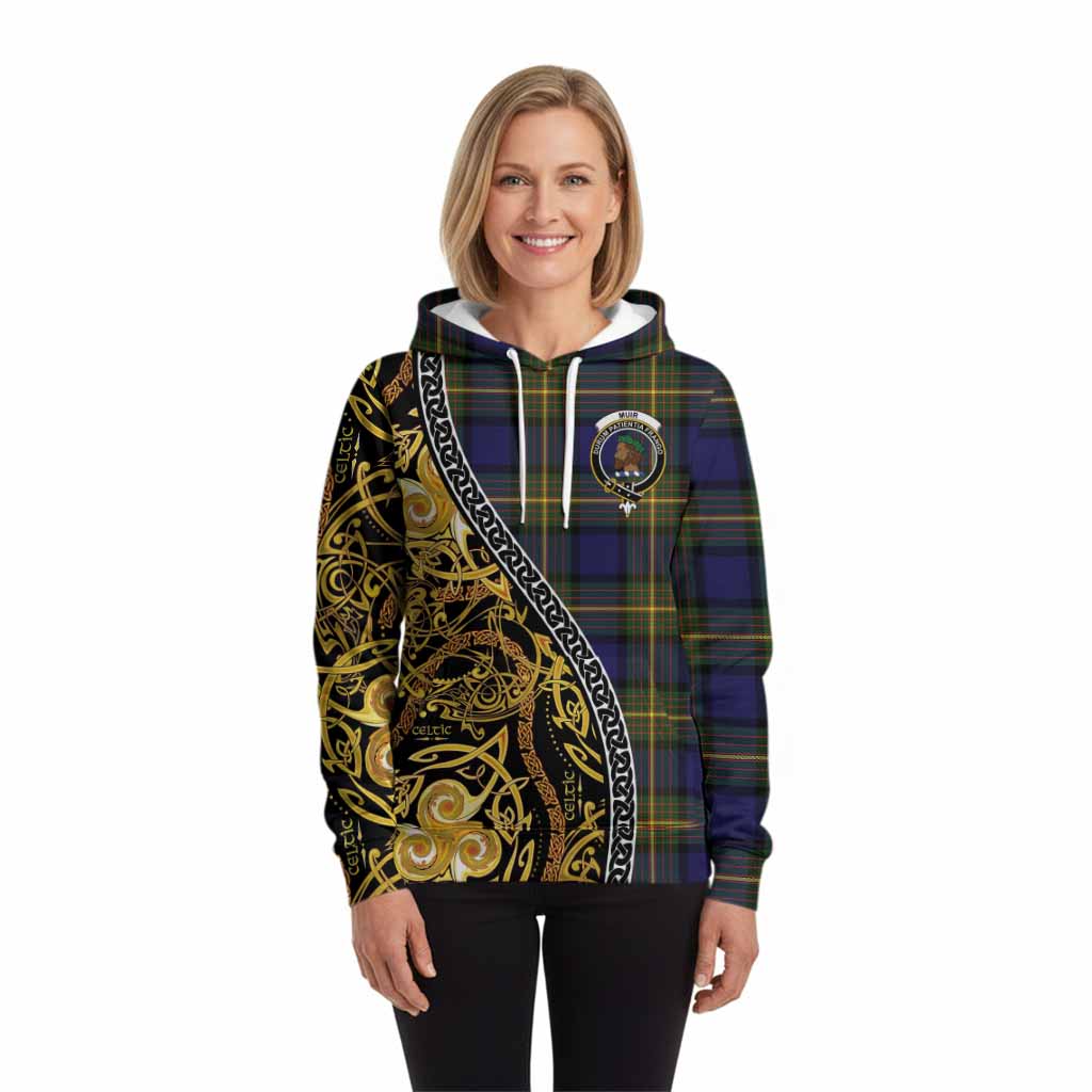 Muir Tartan Crest Hoodie Celtic Knot and Triple Trickle Spiral Symbols