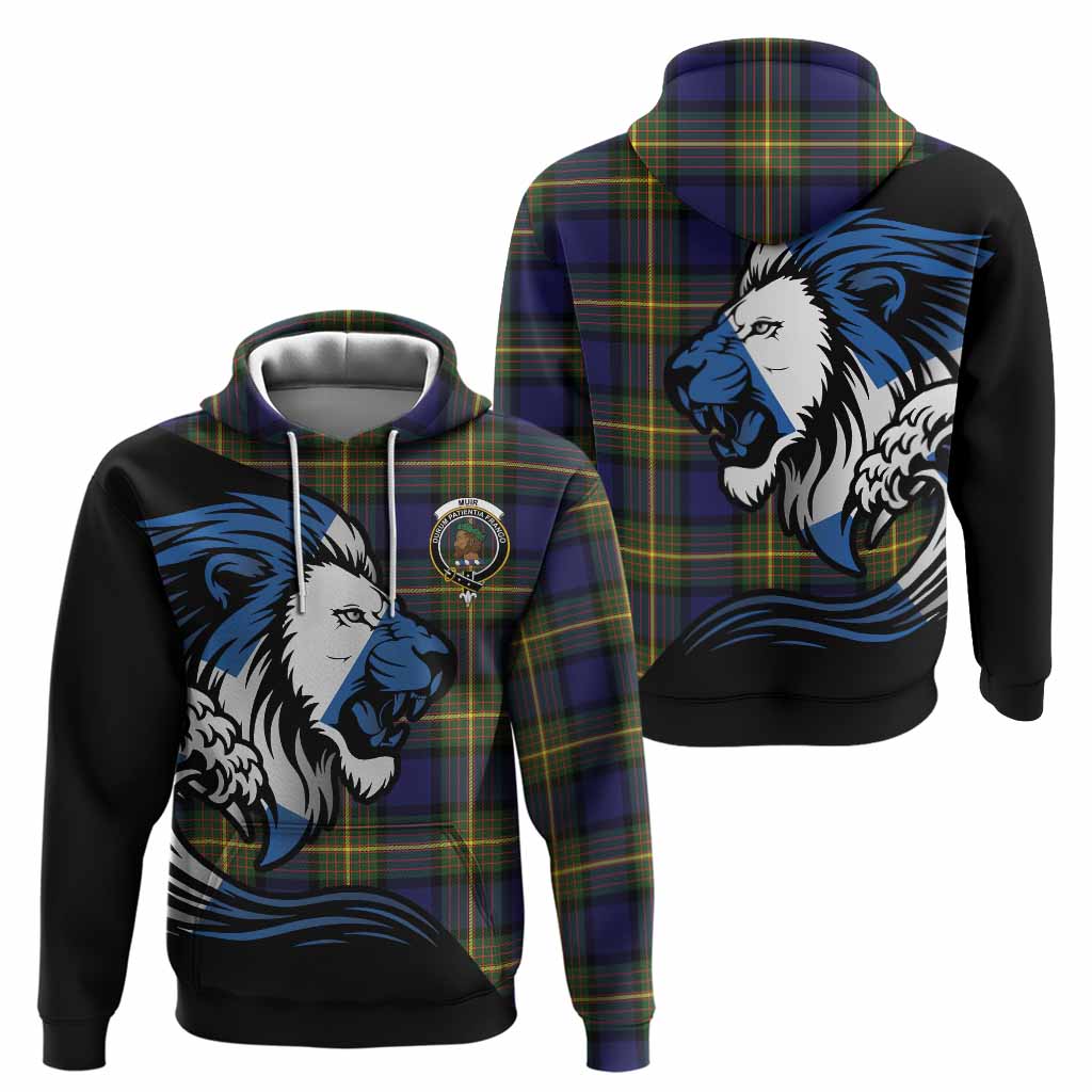 Muir Tartan Crest Hoodie Scottish Golden Lions Wave Flow