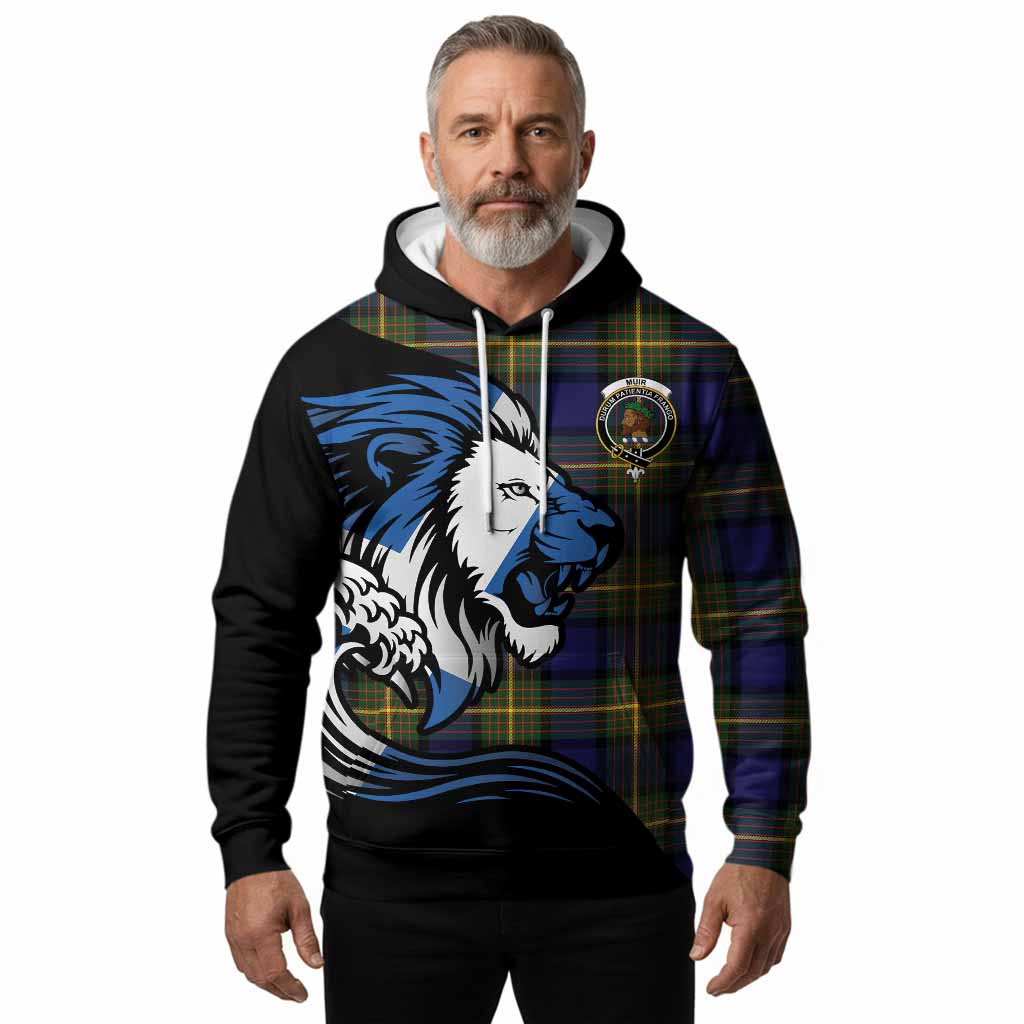 Muir Tartan Crest Hoodie Scottish Golden Lions Wave Flow