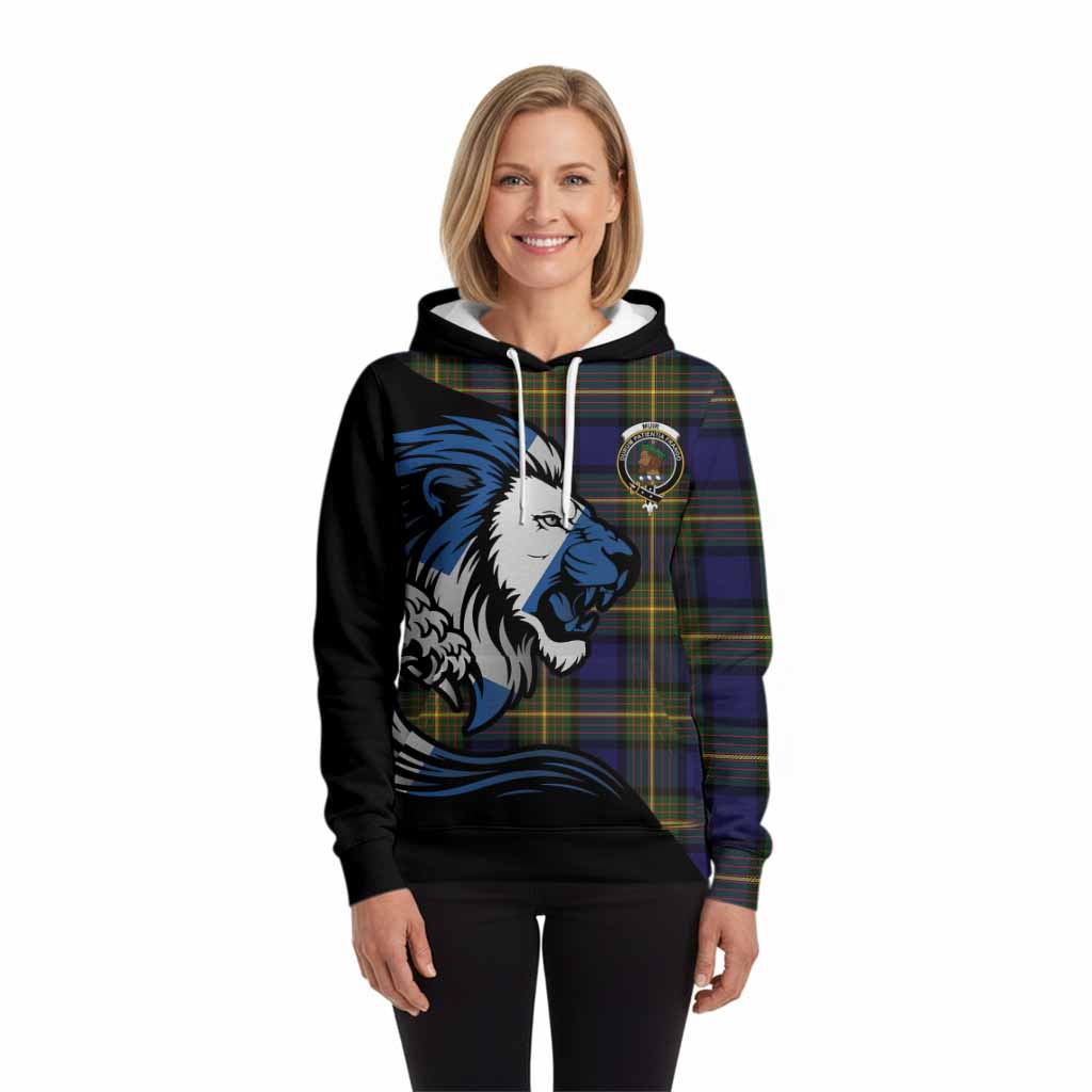 Muir Tartan Crest Hoodie Scottish Golden Lions Wave Flow
