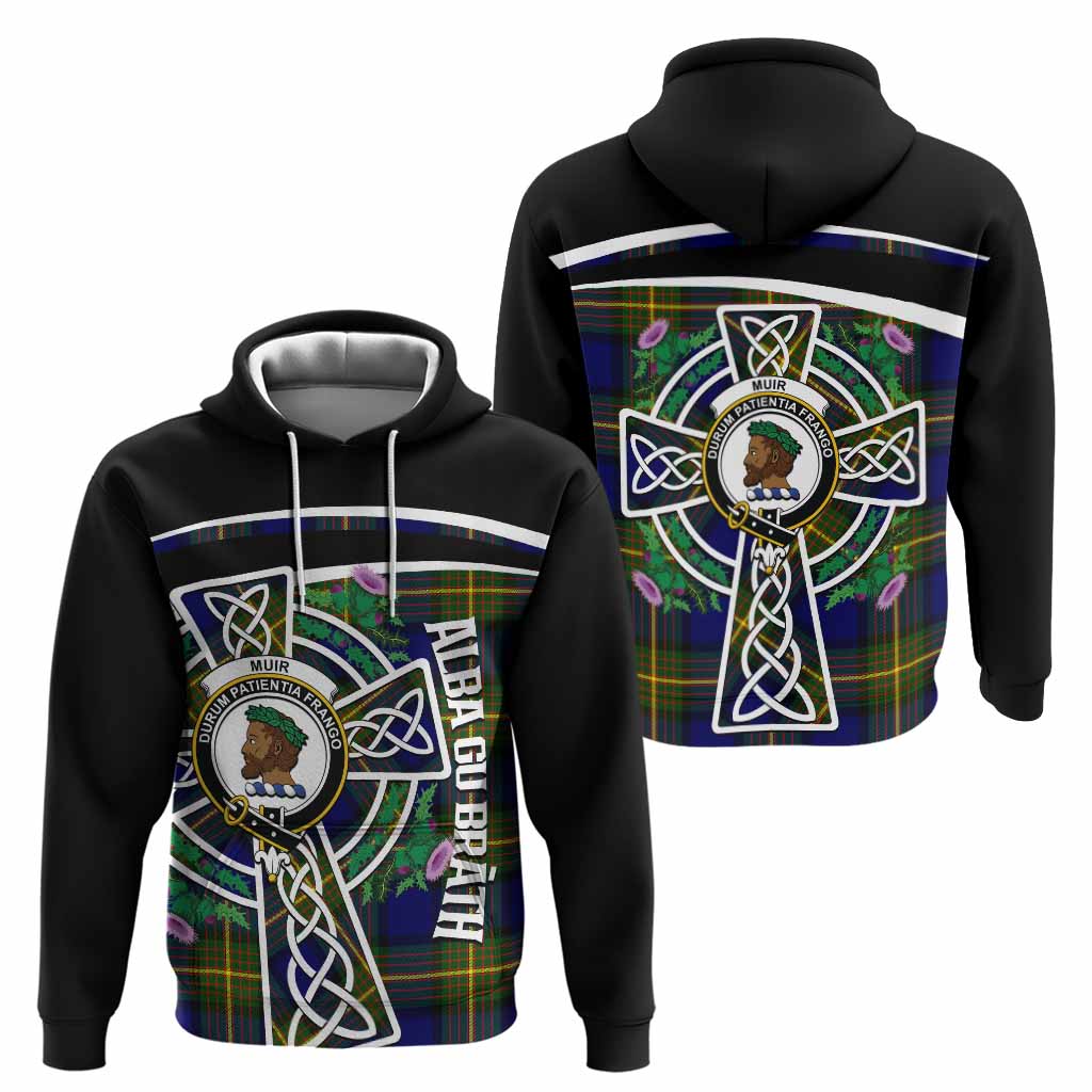 Muir Tartan Crest Hoodie Scottish Thistle Celtic Cross Alba Gu Brath