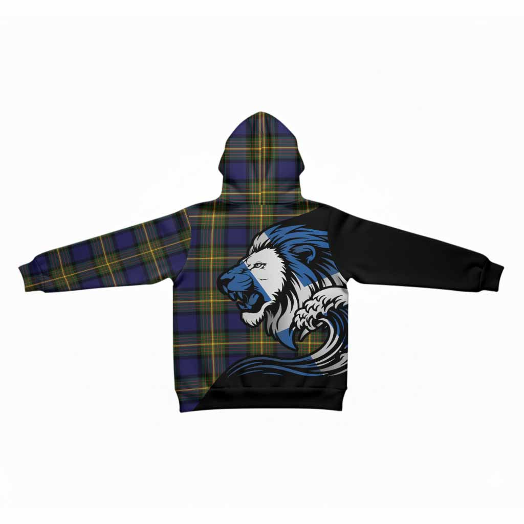 Muir Tartan Crest Kid Hoodie Scottish Golden Lions Wave Flow