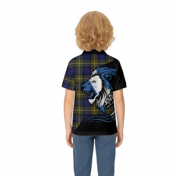 Muir Tartan Crest Kid Polo Shirt Scottish Golden Lions Wave Flow