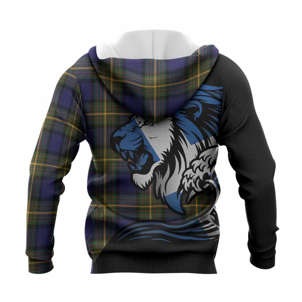 Muir Tartan Crest Knitted Hoodie Scottish Golden Lions Wave Flow