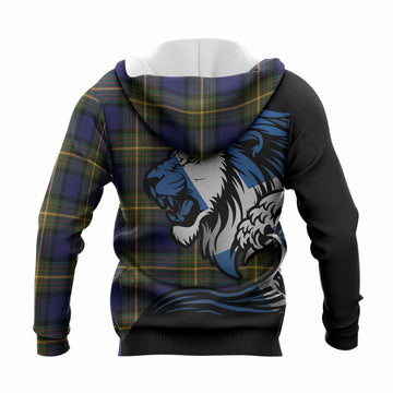 Muir Tartan Crest Knitted Hoodie Scottish Golden Lions Wave Flow