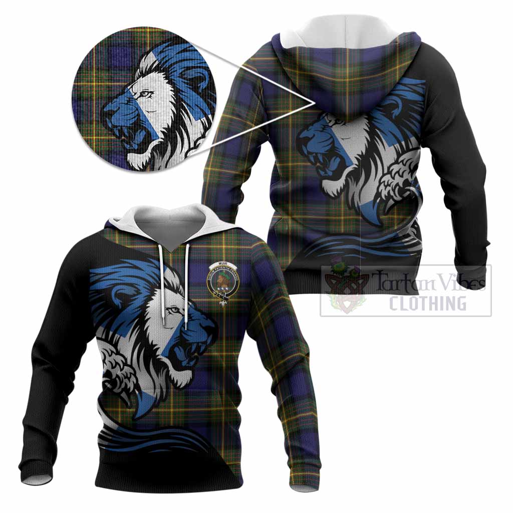 Muir Tartan Crest Knitted Hoodie Scottish Golden Lions Wave Flow