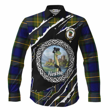 Muir Tartan Crest Loch Ness Monster Long Sleeve Button Shirts Celtic Knot Nessie Art