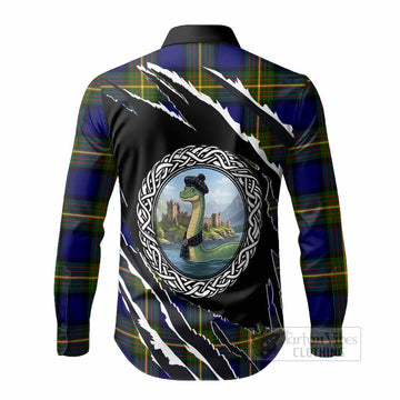 Muir Tartan Crest Loch Ness Monster Long Sleeve Button Shirts Celtic Knot Nessie Art