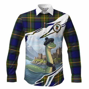 Muir Tartan Crest Loch Ness Monster Scottish Heritage Art Long Sleeve Button Shirts