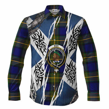 Muir Tartan Crest Long Sleeve Button Shirts Scotland Flag Ripped Tribal Design