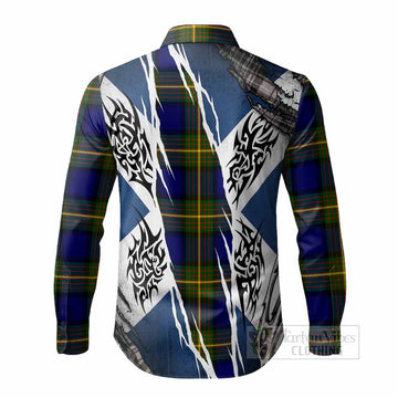 Muir Tartan Crest Long Sleeve Button Shirts Scotland Flag Ripped Tribal Design