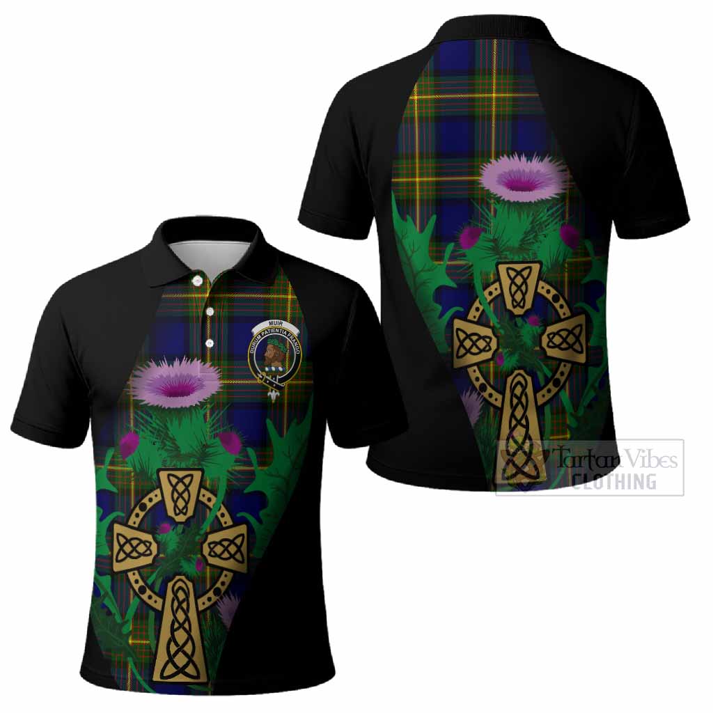 Muir Tartan Crest Polo Shirt Celtic Cross Thistle Flowers