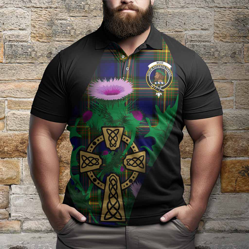 Muir Tartan Crest Polo Shirt Celtic Cross Thistle Flowers