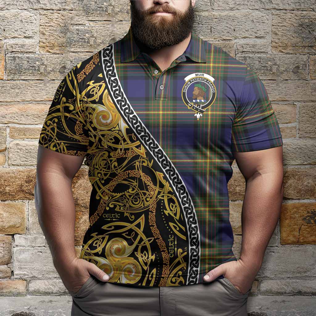 Muir Tartan Crest Polo Shirt Celtic Knot and Triple Trickle Spiral Symbols