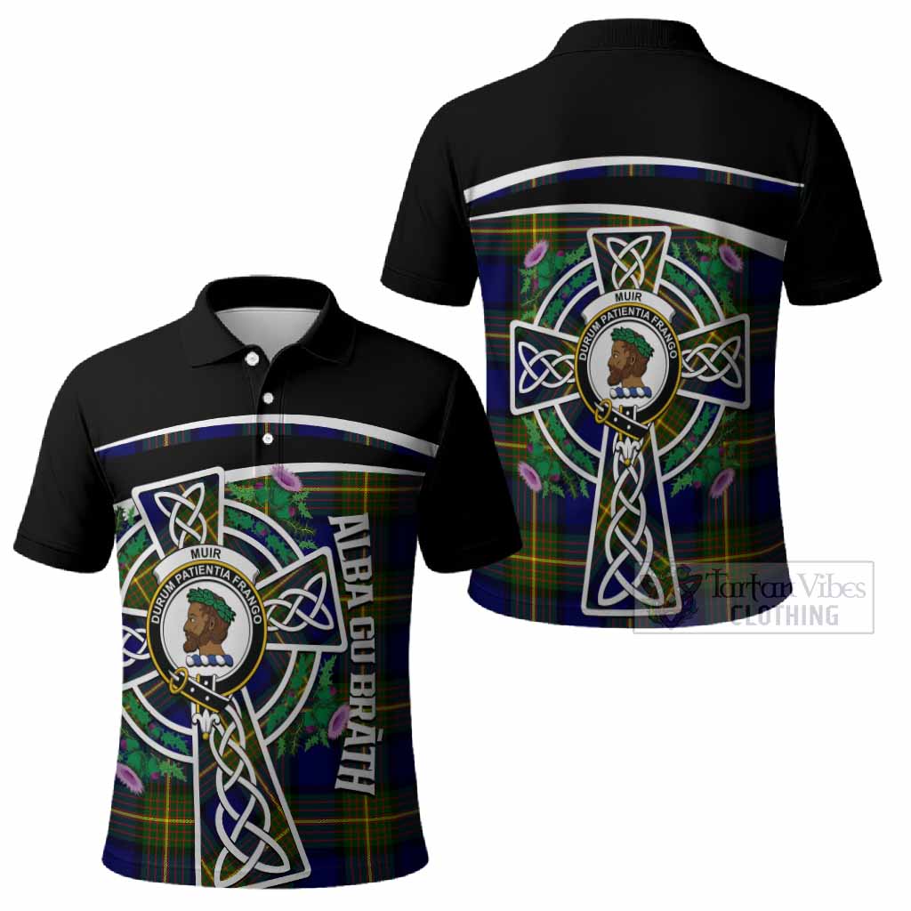 Muir Tartan Crest Polo Shirt Scottish Thistle Celtic Cross Alba Gu Brath