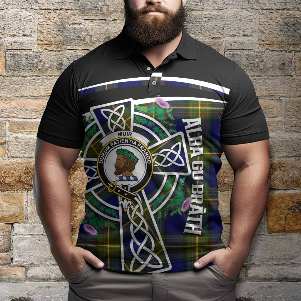 Muir Tartan Crest Polo Shirt Scottish Thistle Celtic Cross Alba Gu Brath