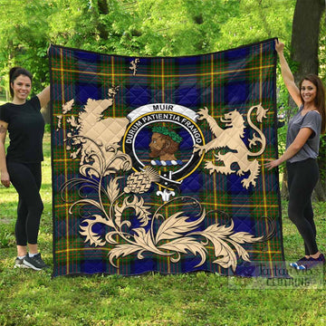 Muir Tartan Crest Premium Quilt with Scottish Iconic Symbols 