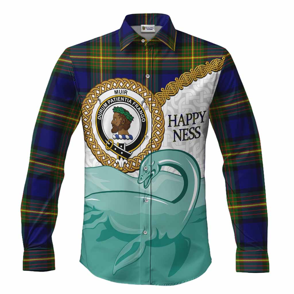 Muir Tartan Crest Scottish Loch Ness Monster Long Sleeve Button Shirts Happy Ness Scotland Celtic Knot