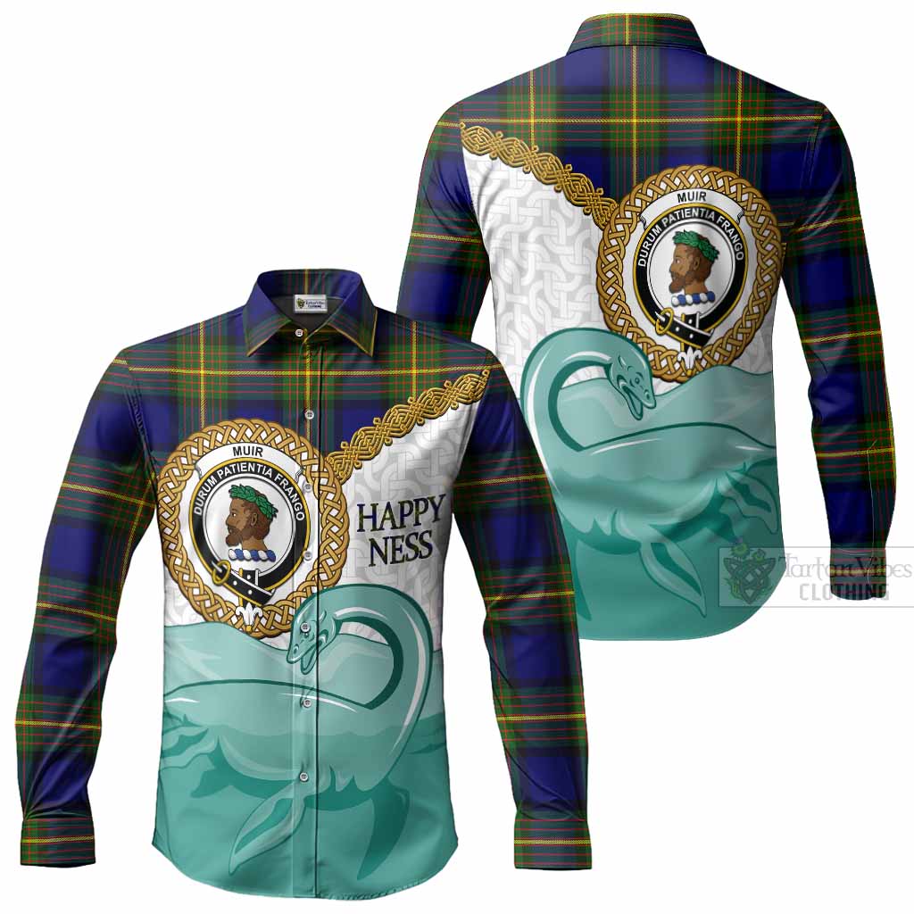 Muir Tartan Crest Scottish Loch Ness Monster Long Sleeve Button Shirts Happy Ness Scotland Celtic Knot