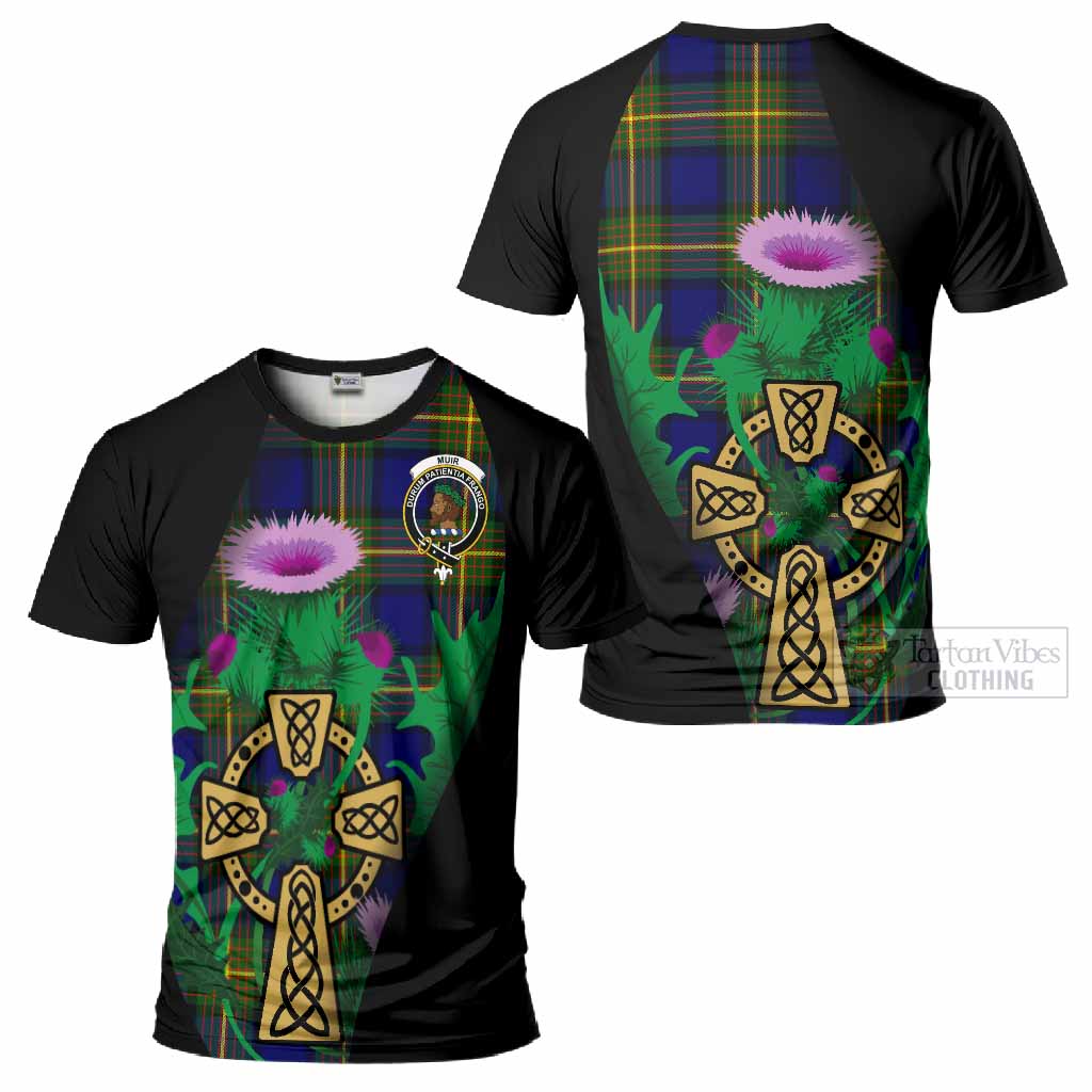 Muir Tartan Crest T-Shirt Celtic Cross Thistle Flowers