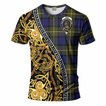 Muir Tartan Crest T-Shirt Celtic Knot and Triple Trickle Spiral Symbols