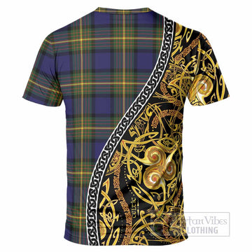 Muir Tartan Crest T-Shirt Celtic Knot and Triple Trickle Spiral Symbols