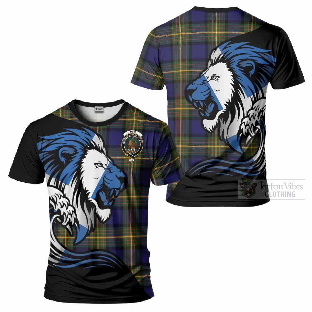 Muir Tartan Crest T-Shirt Scottish Golden Lions Wave Flow