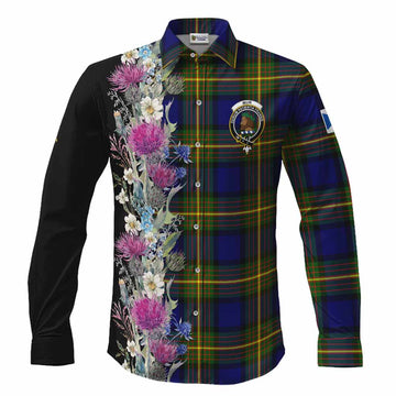 Muir Tartan Crest Thistle Floral Long Sleeve Button Shirts