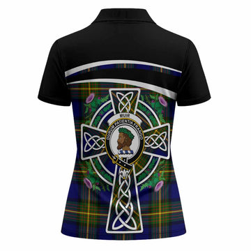 Muir Tartan Crest Women Polo Shirt Scottish Thistle Celtic Cross Alba Gu Brath