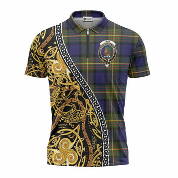Muir Tartan Crest Zipper Polo Shirt Celtic Knot and Triple Trickle Spiral Symbols