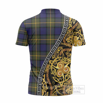 Muir Tartan Crest Zipper Polo Shirt Celtic Knot and Triple Trickle Spiral Symbols