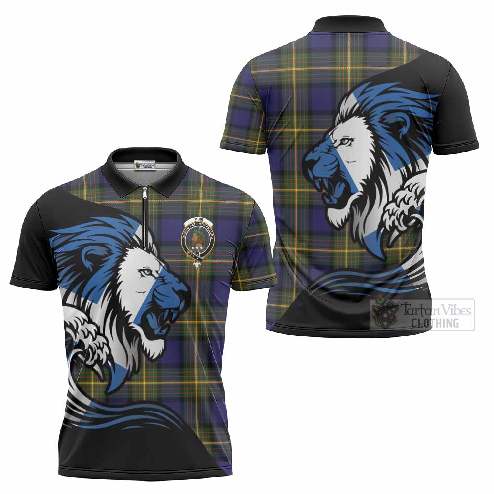 Muir Tartan Crest Zipper Polo Shirt Scottish Golden Lions Wave Flow