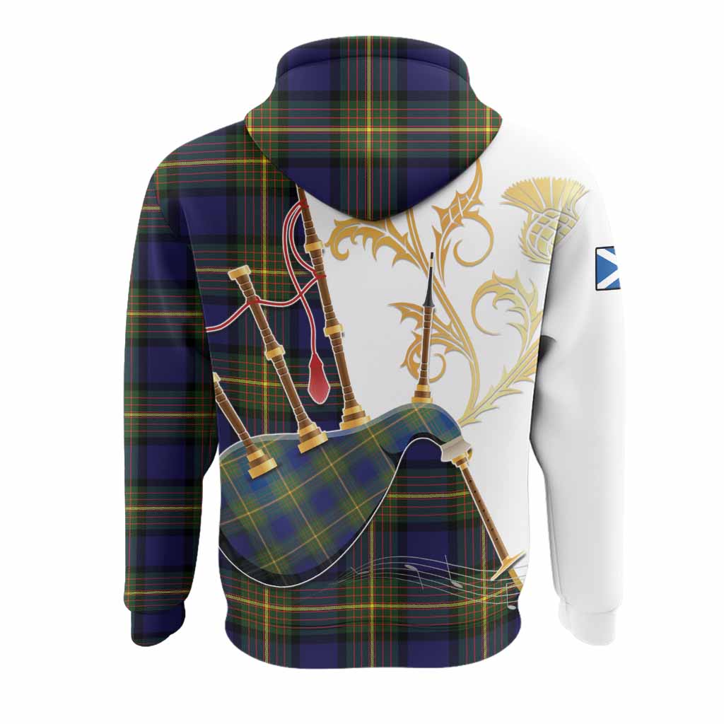 Muir Tartan Family Crest Hoodie Bagpipes with Scottish Thistle